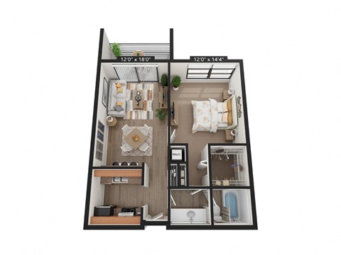 Floor plan for 1 bed, 1 bath, 666 sqft